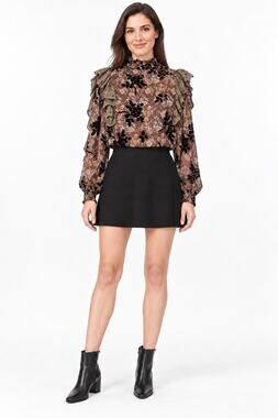 NWT Sweet Rain Brown, Black & Blue Floral Ruffled High Neck Long Sleeve Blouse